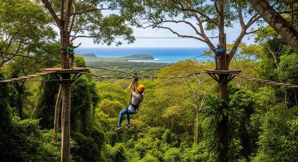 Person ziplining over a lush tropical jungle near the Gulf of Papagayo with a guide on a platform, sunlight filtering through the trees, and the ocean visible in the distance.