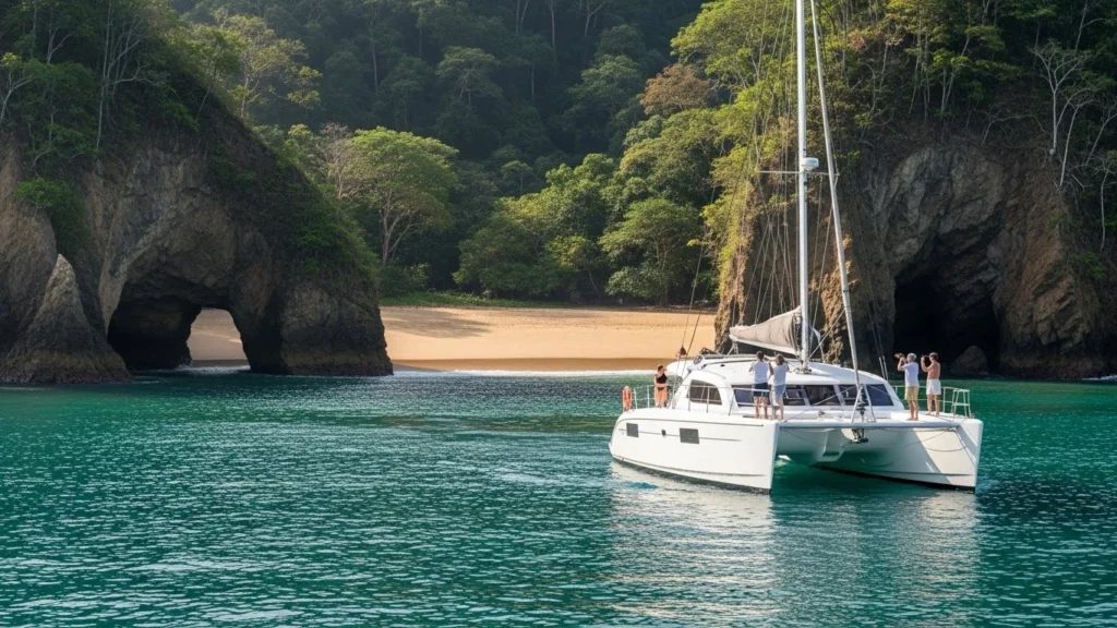 Luxury catamaran tour arriving by sea at Playa Ventanas Costa Rica, showcasing coastal caves and tropical scenery.
