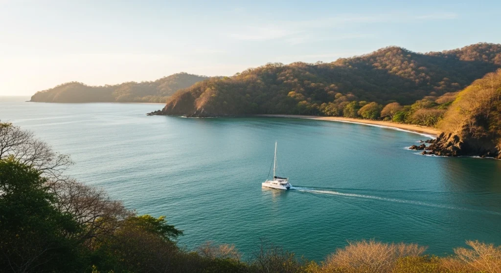 Papagayo Costa Rica coastline with calm turquoise water, hidden coves, and a luxury catamaran at sunset
