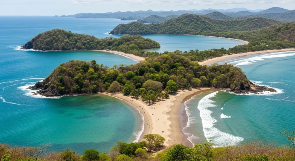 Multiple coves and bays along the Papagayo Costa Rica coastline showing calm and breezy beach areas