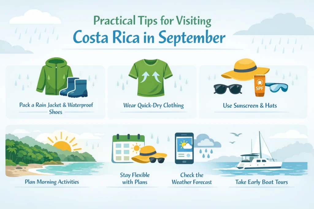 Infographic with practical tips for visiting Costa Rica in September, including rain gear, sunscreen, and early boat tours.