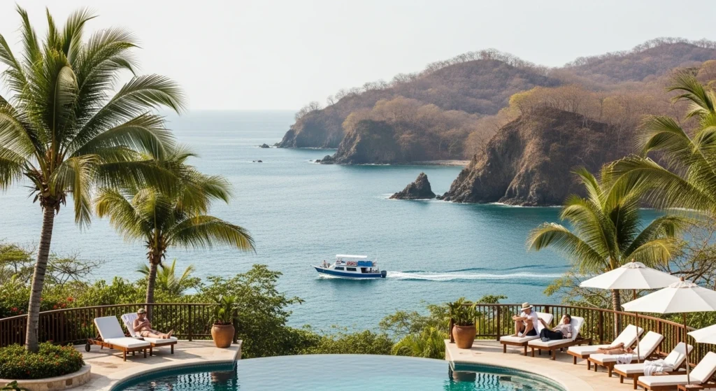 View from a catamaran heading along the Papagayo Costa Rica coastline toward hidden beaches