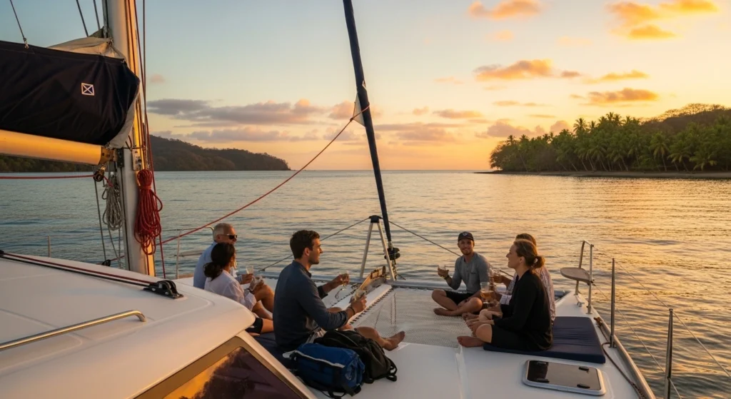 Sunset catamaran cruise in Costa Rica with travelers relaxing on deck and enjoying ocean views